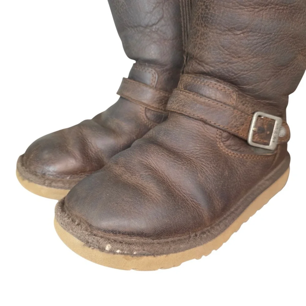 UGG Kensington Girls 1 Brown Leather Sheepskin Sherpa Shearling Lined Snow Boots